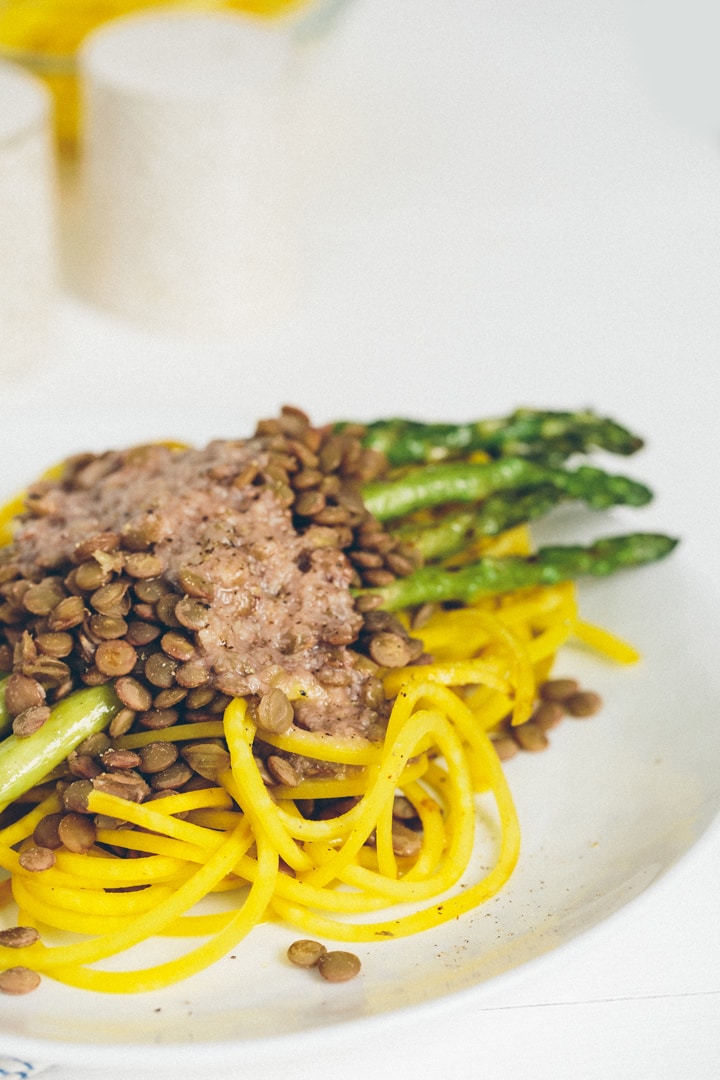 Golden Beet Pasta with Grilled Asparagus, Lentils and Roasted Garlic-Parmesan Dressing