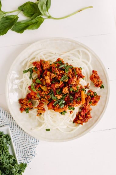 Kohlrabi Spaghetti and Kale-Mushroom Bolognese