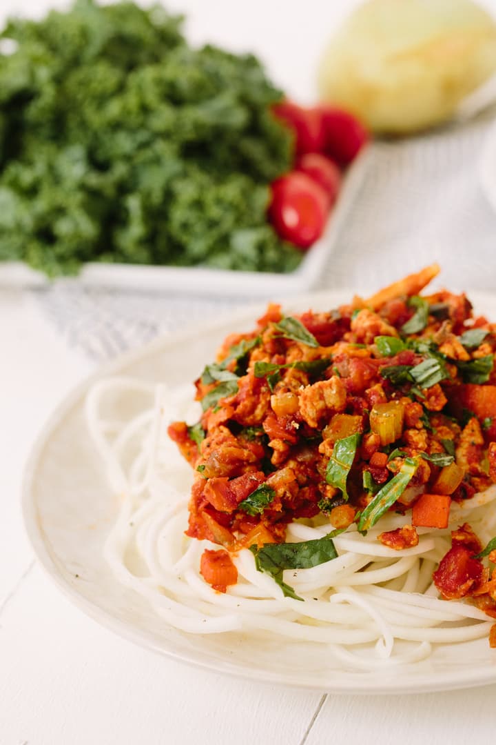 Kohlrabi Spaghetti and Kale-Mushroom Bolognese