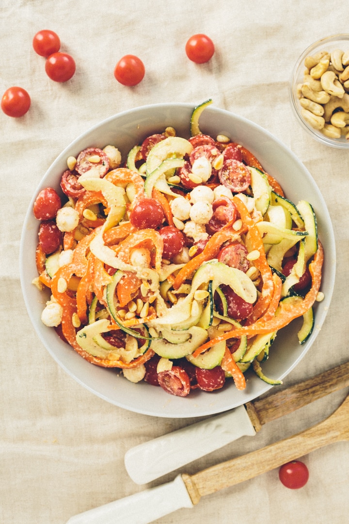 Mozzarella and Cashew-Balsamic Zucchini Noodle Salad