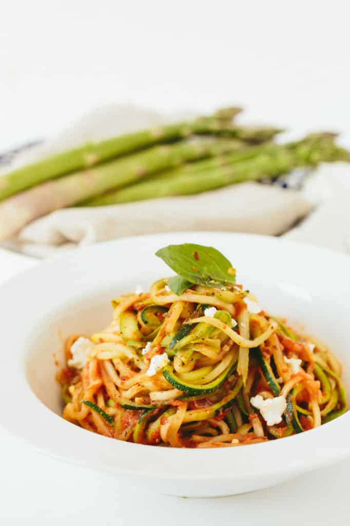 Tomato Basil Zucchini Pasta with Goat Cheese and Asparagus