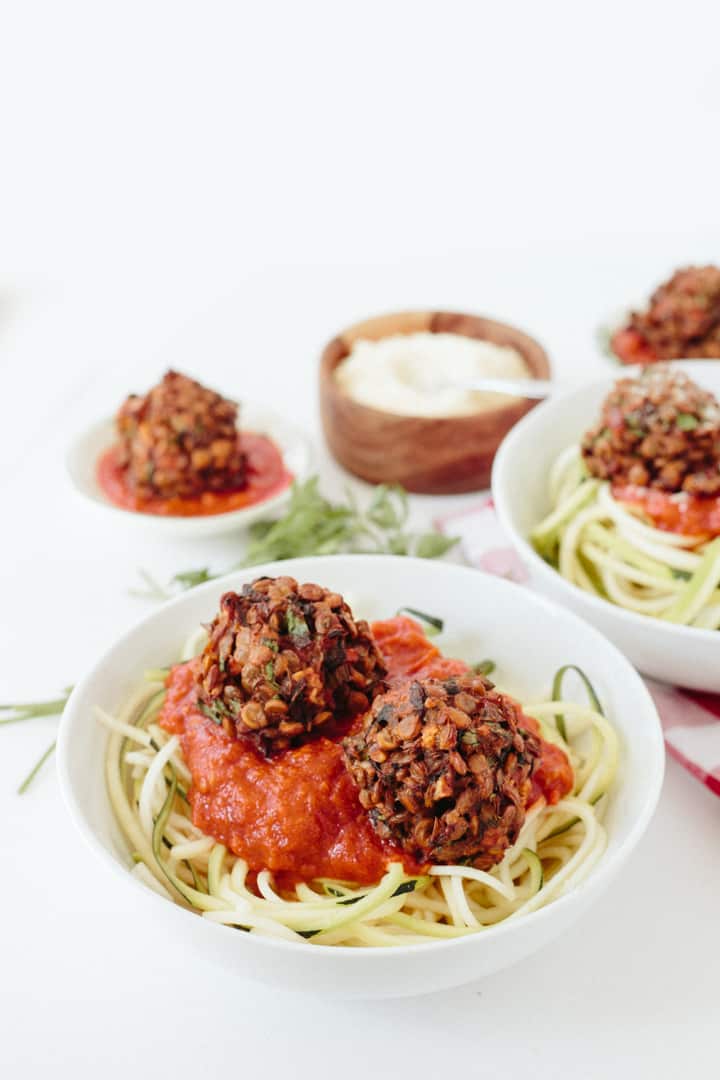Zucchini Spaghetti with Gluten-Free Vegetarian Meatballs