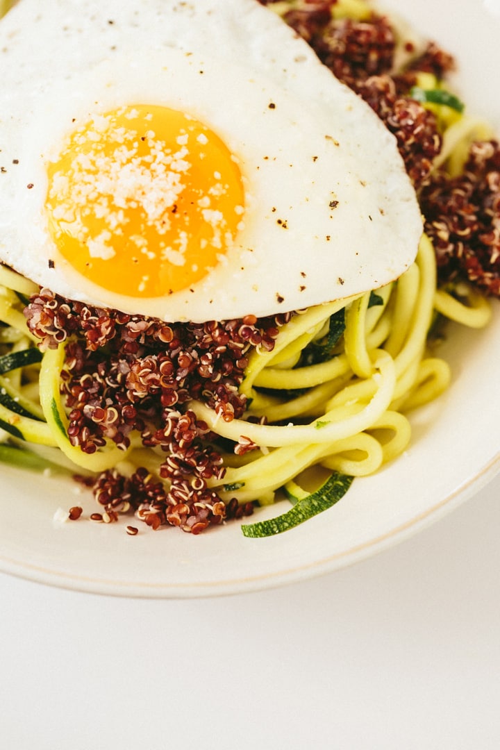 Parmesan Zucchini Pasta with Quinoa, Kale and Fried Egg