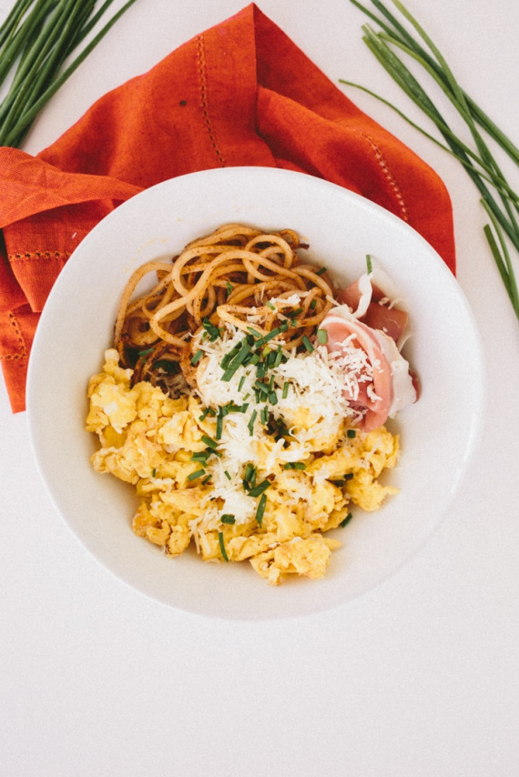 Potato Noodle Bowl with Manchego, Egg & Serrano Ham