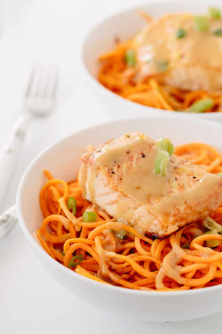 Ginger Roasted Salmon and Sweet Potato Noodles with Miso-Maple Dressing