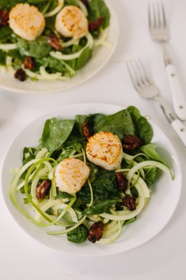 Scallop and Apple Noodle Spinach Salad with Spiced Walnuts