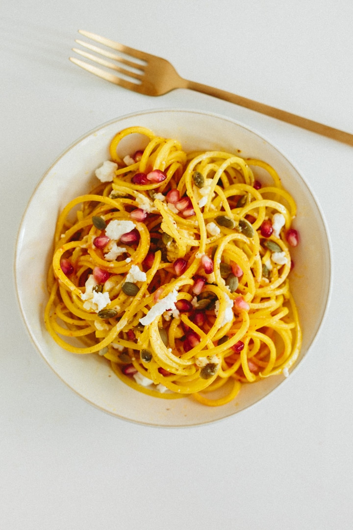 Golden Beet Noodles with Goat Cheese, Pepitas and Pomegranate