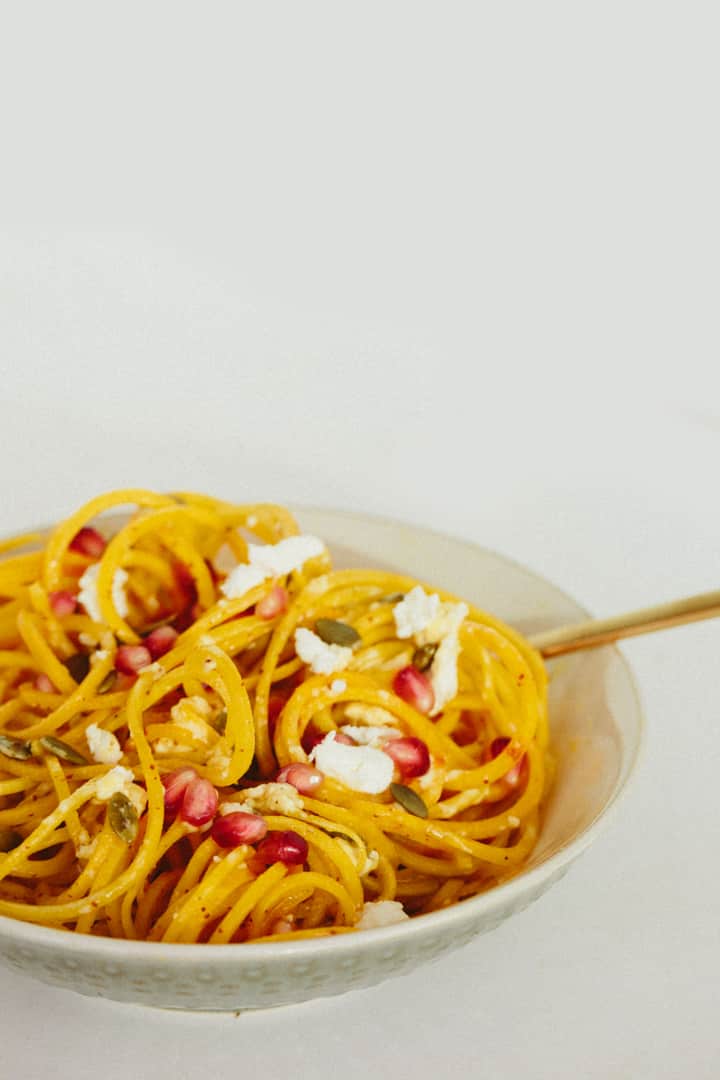 Golden Beet Noodles with Goat Cheese, Pepitas and Pomegranate