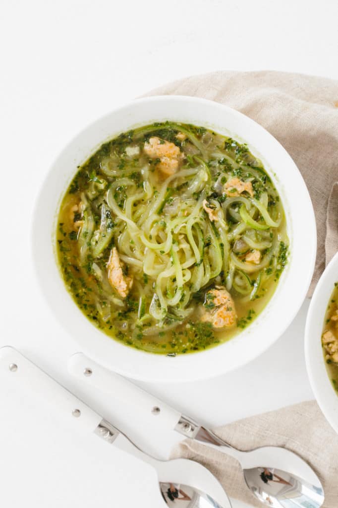 Pesto and Chicken Sausage Soup with Zucchini Noodles