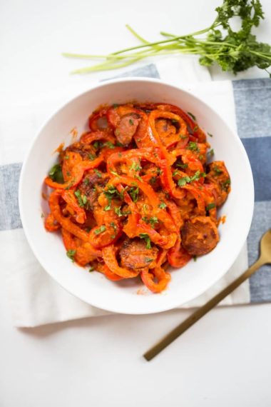 Spiralized Red Bell Peppers with Sundried Tomato Cream Sauce and Andouille Sausage