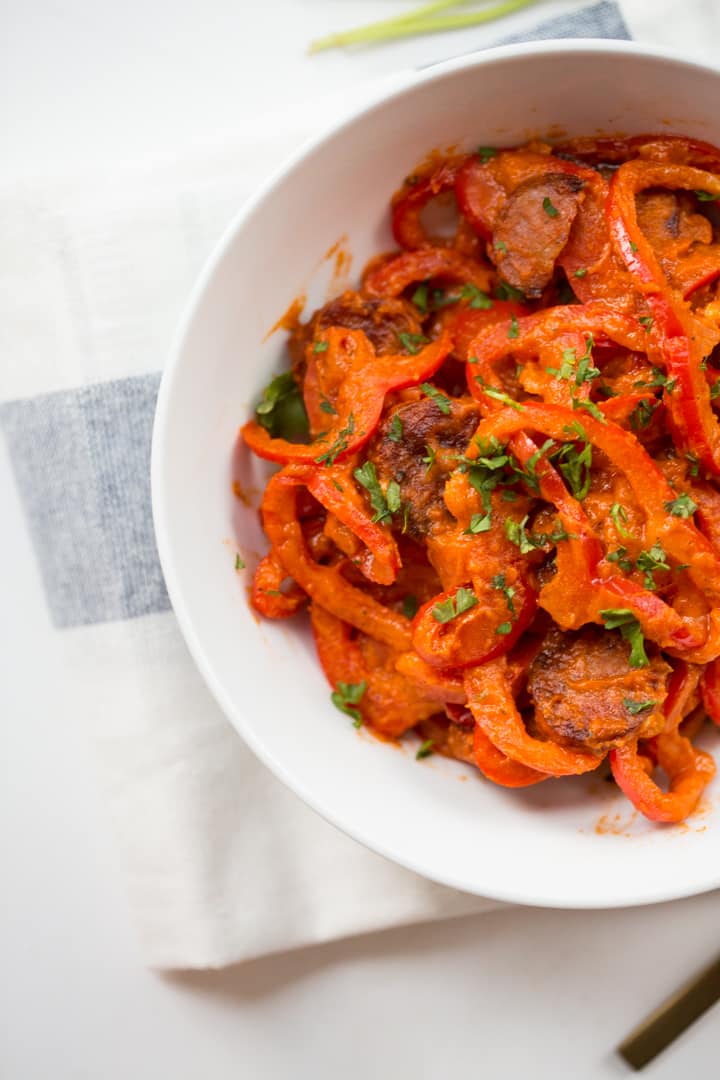 Spiralized Red Bell Peppers with Sundried Tomato Cream Sauce and Andouille Sausage Recipe