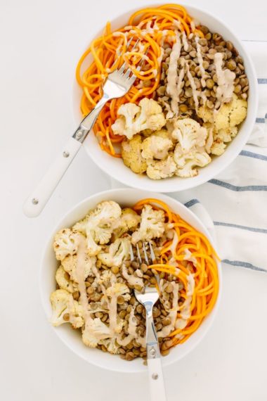 Cauliflower and Lentil Butternut Squash Noodle Bowl with Maple Tahini