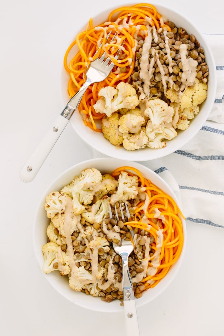Cauliflower and Lentil Butternut Squash Noodle Bowl with Maple Tahini Recipe