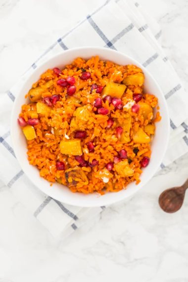 Pomegranate Sweet Potato Rice Bowls with Roasted Maple Butternut Squash and Goat Cheese