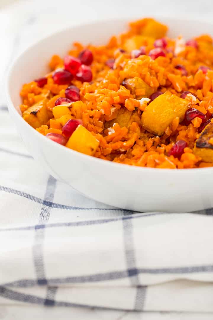 Pomegranate Sweet Potato Rice Bowls with Roasted Maple Butternut Squash and Goat Cheese Recipe