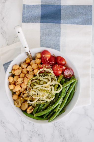 Cucumber Noodle Chickpea and Green Bean Salad with Hemp Hearts