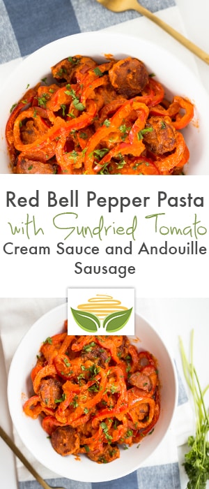 Spiralized Red Bell Peppers with Sundried Tomato Cream Sauce and Andouille Sausage Recipe