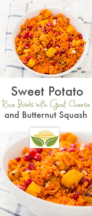 Pomegranate Sweet Potato Rice Bowls with Roasted Maple Butternut Squash and Goat Cheese Recipe