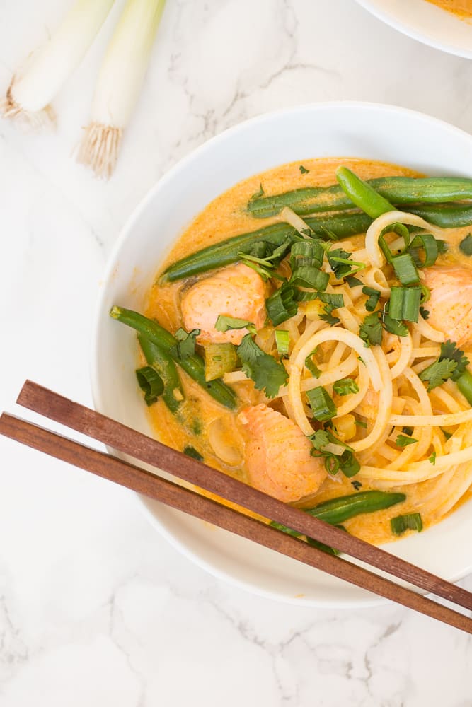 Salmon Red Coconut Curry with Turnip Noodles