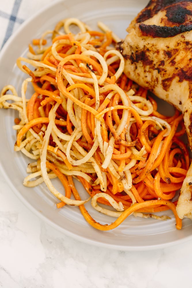 Mom’s Chicken over Spiralized Root Vegetables 