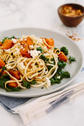 Spiralized Parsnip Noodles with Roasted Butternut Squash, Kale and Feta