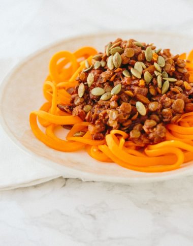 Spiralized Butternut Squash with Curried Lentils and Pumpkin Seeds