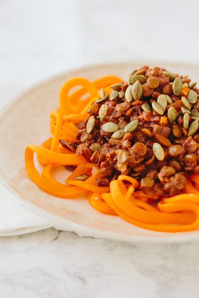 Spiralized Butternut Squash with Curried Lentils and Pumpkin Seeds Recipe