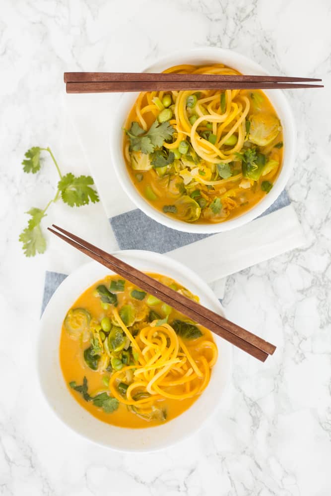 Vegan Red Coconut Curry with Brussels Sprouts, Edamame and Spiralized Rutabaga 