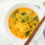 Vegan Red Coconut Curry with Brussels Sprouts, Edamame and Spiralized Rutabaga
