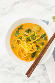 Vegan Red Coconut Curry with Brussels Sprouts, Edamame and Spiralized Rutabaga