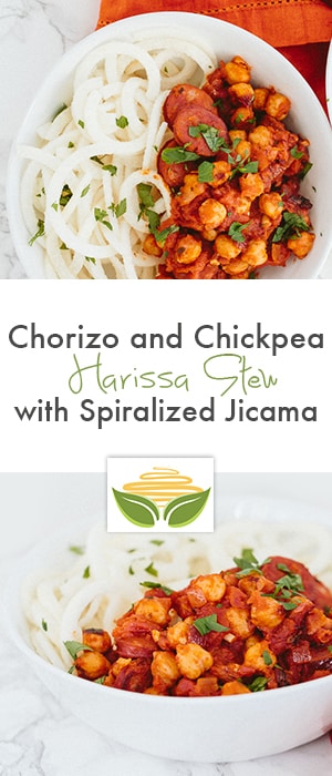 Chorizo and Chickpea Harissa Stew with Spiralized Jicama 