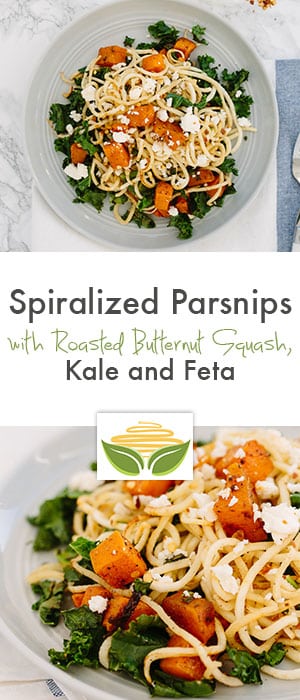 spiralized parsnips with roasted butternut squash, kale and feta