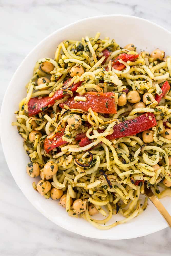 Spiralized Parsnips with Pesto, Roasted Red peppers and Chickpeas