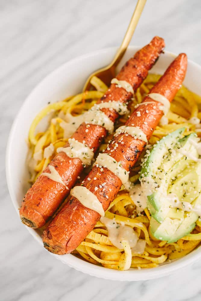 Spiralized Rutabaga and Roasted Carrot Bowl with Hemp Seeds 