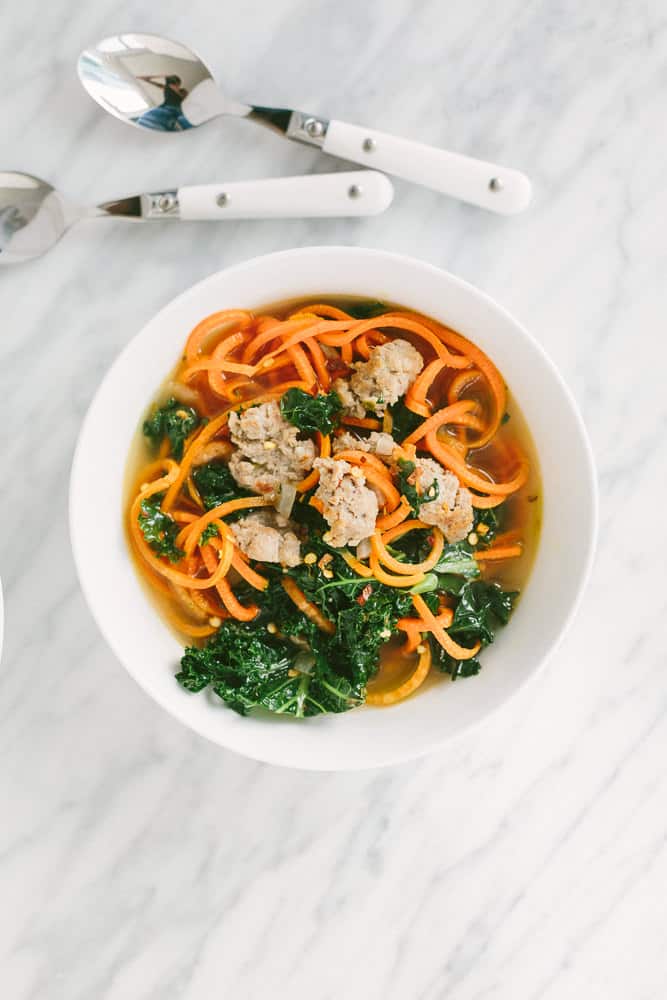 Spicy Sausage and Kale Soup with Carrot Noodles
