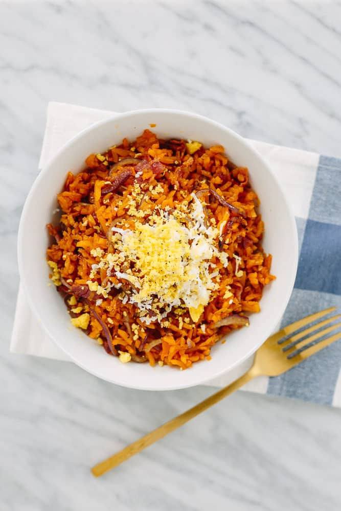 Butternut Squash Rice with Bacon, Caramelized Onions, and Grated Egg