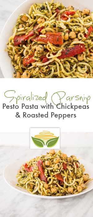 Spiralized Parsnips with Pesto, Roasted Red peppers and Chickpeas