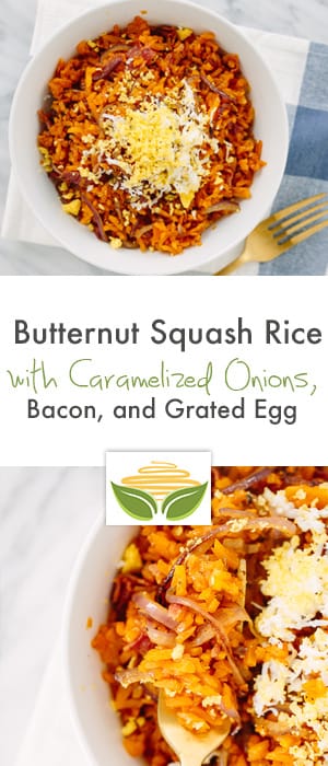 Butternut Squash Rice with Bacon, Caramelized Onions, and Grated Egg
