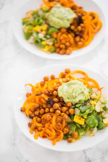 Tex-Mex Spiralized Butternut Squash with Crispy Chipotle Chickpeas