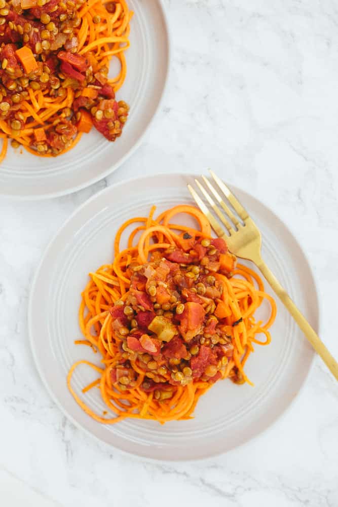 Chunky Lentil Bolognese with Spiralized Sweet Potatoes