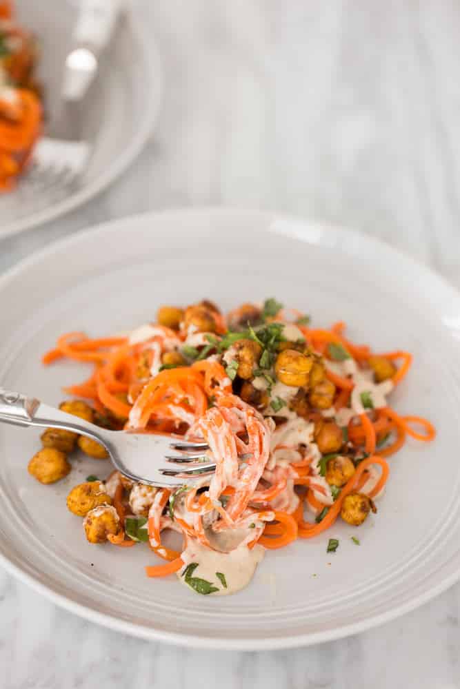 Carrot Noodles with Tandoori Spiced Chickpeas and Tahini Drizzle