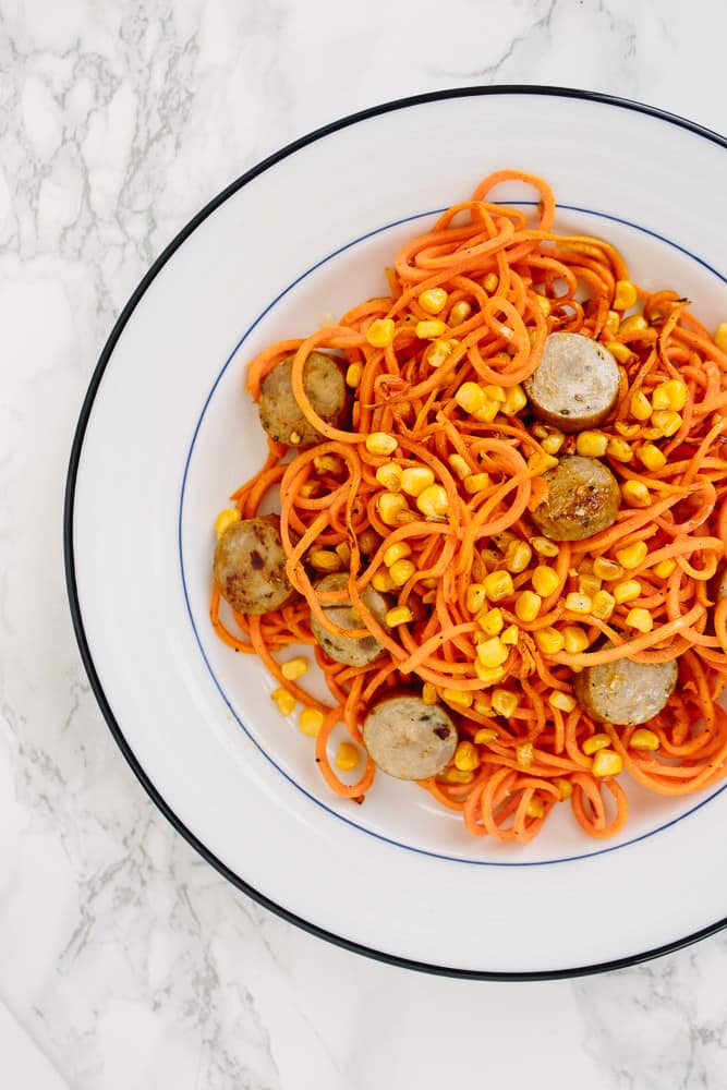 Sweet Potato Pasta with Chicken Sausage and Corn