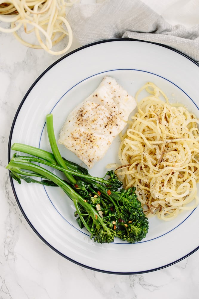 Roasted Cod with White Sweet Potato Noodles and Garlic Broccolini
