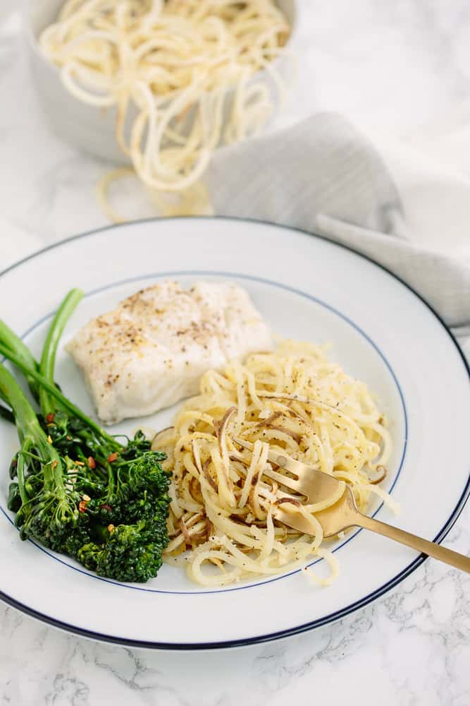 Roasted Cod with White Sweet Potato Noodles and Garlic Broccolini
