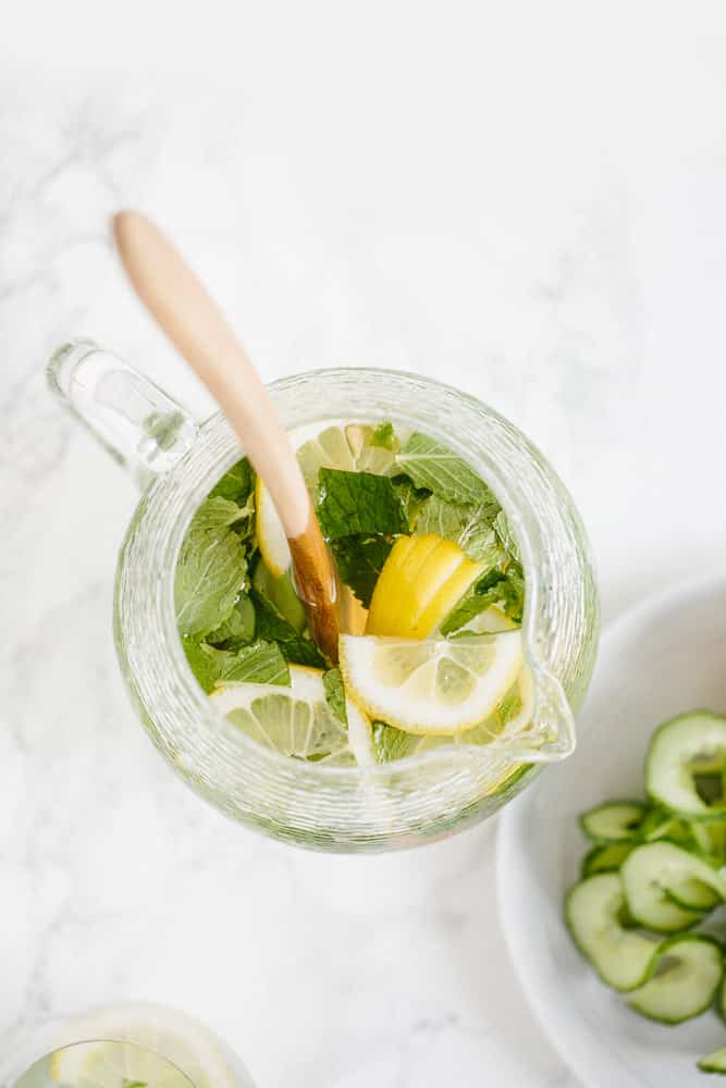 Spiralized Cucumber Spa Water with Mint and Lemon