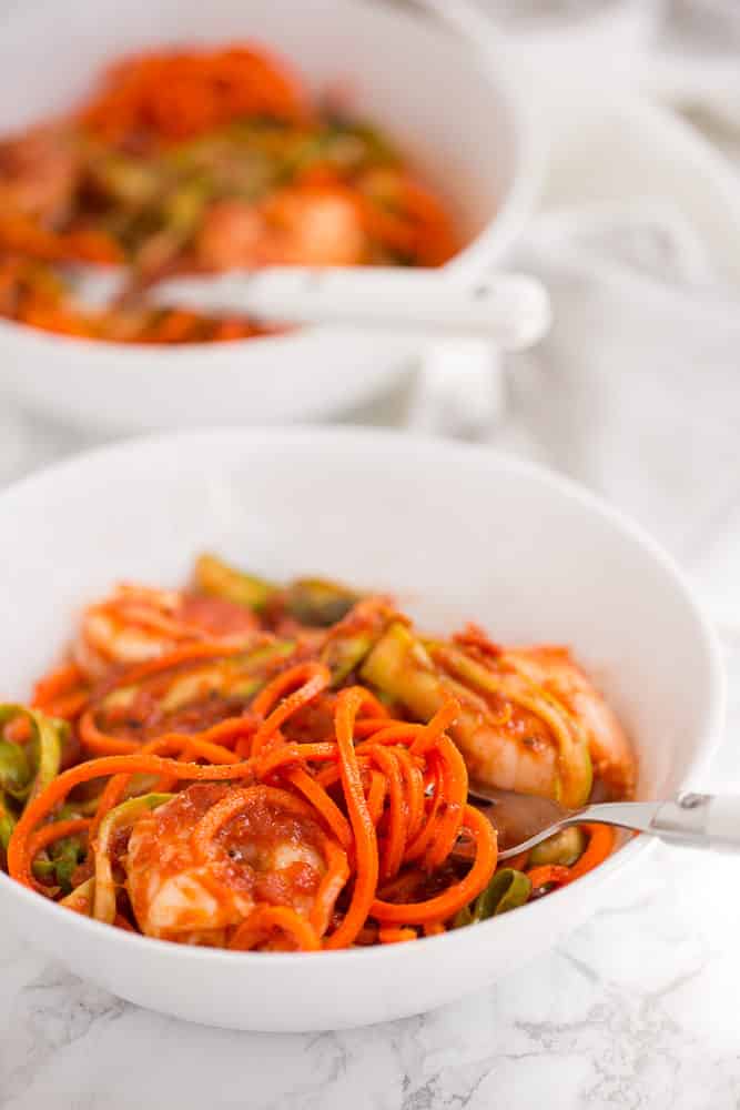 Spiralized Carrot Spaghetti with Shrimp and Shaved Asparagus