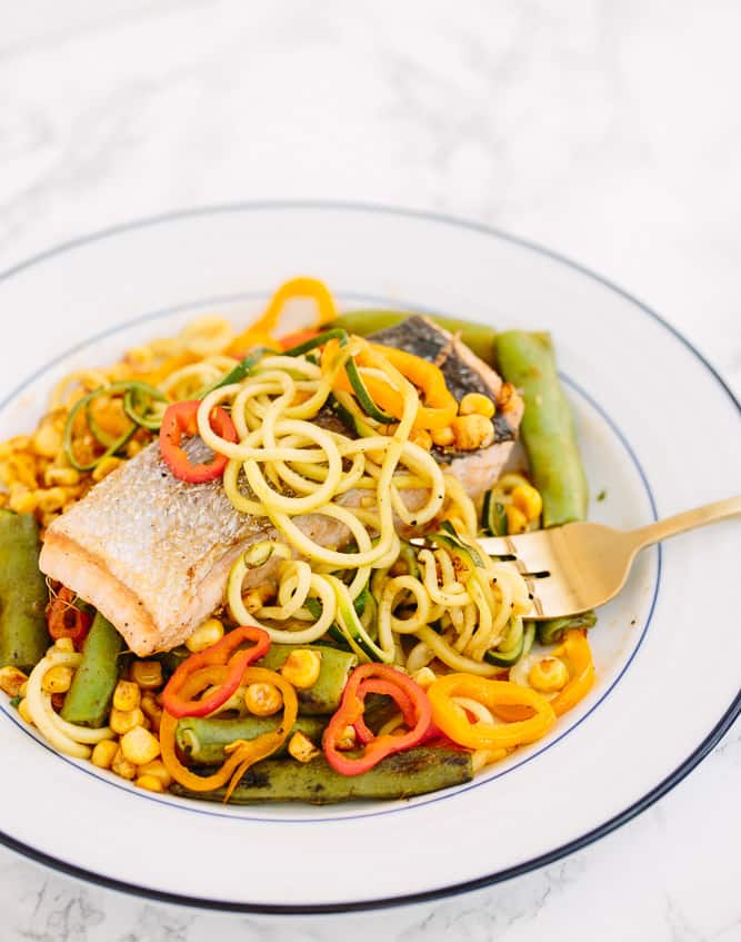 Seared Salmon with Spiralized Zucchini, Snap Pea and Corn Slaw