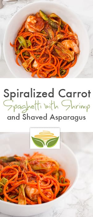 spiralized carrot spaghetti with shrimp and shaved asparagus