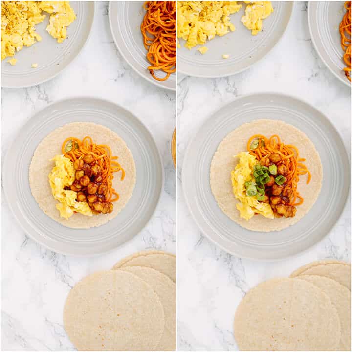 BBQ Chickpea Sweet Potato Noodle Breakfast Tacos with Eggs, Avocado Sauce and Scallions