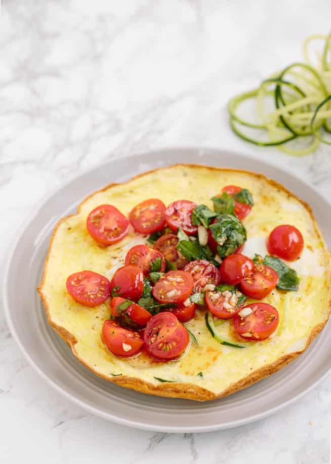 Open-Faced Omelet with Spiralized Zucchini and Summer Bruschetta